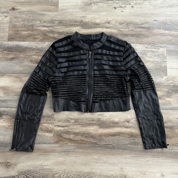 Yoki Black Faux Leather Cropped Jacket XL Mesh Stripe Zip Moto Style - Picture 1 of 8